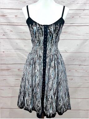 Free People Black, White & Teal Cotton Hook & Eye Corset Flare Mini Sun Dress